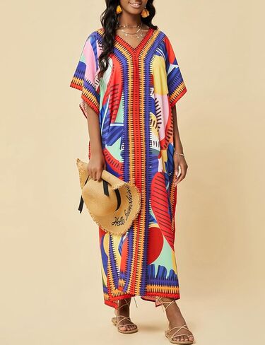 Eddoyee Kaftan Dresses for Women V-neck Caftan Short Sleeve Beach Bathing Suit Cover Up Lounge Dress in Kuwait