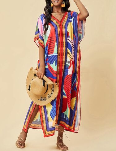 Eddoyee Kaftan Dresses for Women V-neck Caftan Short Sleeve Beach Bathing Suit Cover Up Lounge Dress in Kuwait