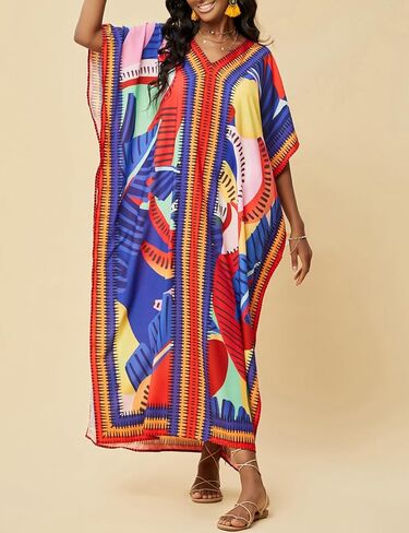 Eddoyee Kaftan Dresses for Women V-neck Caftan Short Sleeve Beach Bathing Suit Cover Up Lounge Dress in Kuwait