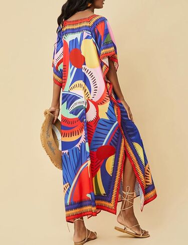 Eddoyee Kaftan Dresses for Women V-neck Caftan Short Sleeve Beach Bathing Suit Cover Up Lounge Dress in Kuwait