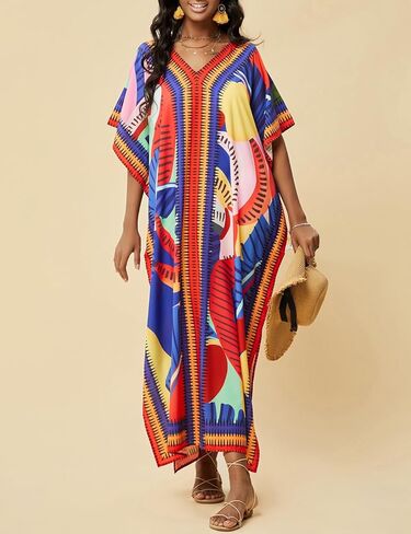 Eddoyee Kaftan Dresses for Women V-neck Caftan Short Sleeve Beach Bathing Suit Cover Up Lounge Dress in Kuwait