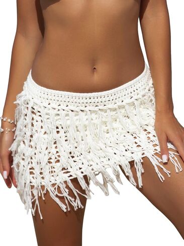 Floerns Women's Solid Hollow Out Fringe Hem Crochet Swim Beach Cover Up Skirt in Kuwait