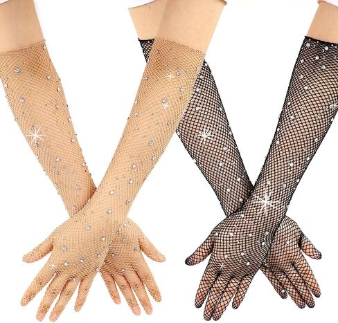 2 Pairs Mesh Fishnet Gloves Sheer Gloves Sparkly Gloves, Rhinestone Long Fishnet Gloves, Women Long Gloves, Mesh Glitter Gloves, Sheer Bridal Gloves Wedding Gloves(Black&Skin Color) in Saudi Arabia