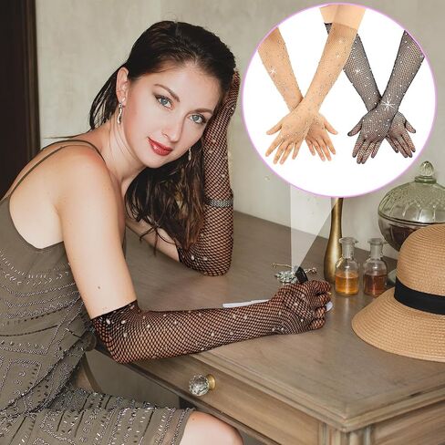 2 Pairs Mesh Fishnet Gloves Sheer Gloves Sparkly Gloves, Rhinestone Long Fishnet Gloves, Women Long Gloves, Mesh Glitter Gloves, Sheer Bridal Gloves Wedding Gloves(Black&Skin Color) in Saudi Arabia