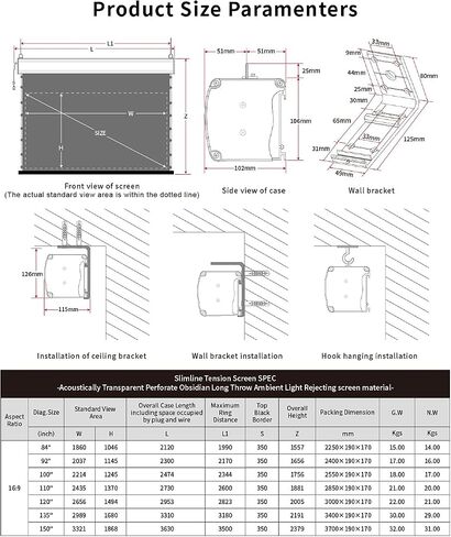 VIVIDSTORM-Movie Screens,Perforate Sound Transparent Obsidian Long Focus ALR Screen,Electric Tab-tensioned Drop Down Screen,Compatible with Lumen up to 2500ANSI Short Throw Projector,VMSLPALR100H in Saudi Arabia