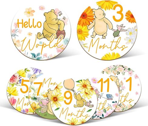 7 Pcs Winnie Baby Monthly Milestone Circles, Double Sided Baby Months Wooden Signs With Storage Bags, Baby Monthly Announcement Wooden Discs for Adorable, Milestone Pictures of Your Newborn Boy & Girl in Saudi Arabia