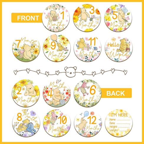 7 Pcs Winnie Baby Monthly Milestone Circles, Double Sided Baby Months Wooden Signs With Storage Bags, Baby Monthly Announcement Wooden Discs for Adorable, Milestone Pictures of Your Newborn Boy & Girl in Saudi Arabia