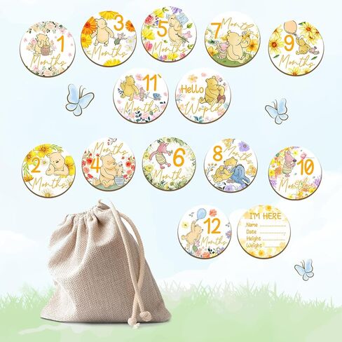7 Pcs Winnie Baby Monthly Milestone Circles, Double Sided Baby Months Wooden Signs With Storage Bags, Baby Monthly Announcement Wooden Discs for Adorable, Milestone Pictures of Your Newborn Boy & Girl in Saudi Arabia