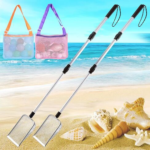 منخل أسنان القرش، قطعتان من منخل الرمل للشاطئ مع قطعتين من أكياس الصدفة، أدوات قصف للشاطئ للبالغين والأطفال، مغرفة صدفة للشاطئ بمقبض طويل، مغرفة صخرية لصيد الصخور in Kuwait