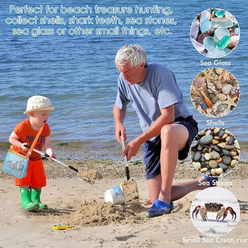 منخل أسنان القرش، قطعتان من منخل الرمل للشاطئ مع قطعتين من أكياس الصدفة، أدوات قصف للشاطئ للبالغين والأطفال، مغرفة صدفة للشاطئ بمقبض طويل، مغرفة صخرية لصيد الصخور in Kuwait