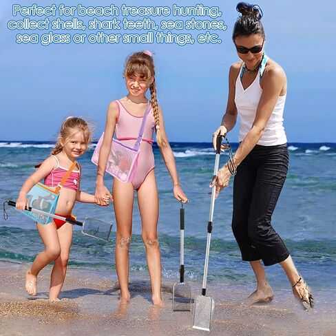 منخل أسنان القرش، قطعتان من منخل الرمل للشاطئ مع قطعتين من أكياس الصدفة، أدوات قصف للشاطئ للبالغين والأطفال، مغرفة صدفة للشاطئ بمقبض طويل، مغرفة صخرية لصيد الصخور in Kuwait