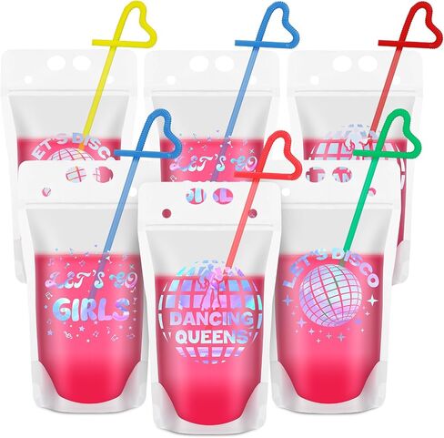 30 Pcs Disco Party Drink Pouches with Straws Bachelorette Party Drink Bags 70s Party Reusable Plastic Juice Pouches Reclosable Zipper Smoothie Pouches for Dance Disco Party Supplies in Saudi Arabia