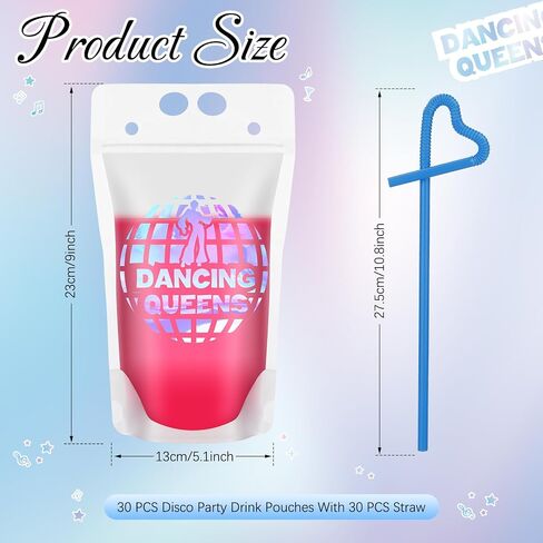 30 Pcs Disco Party Drink Pouches with Straws Bachelorette Party Drink Bags 70s Party Reusable Plastic Juice Pouches Reclosable Zipper Smoothie Pouches for Dance Disco Party Supplies in Saudi Arabia
