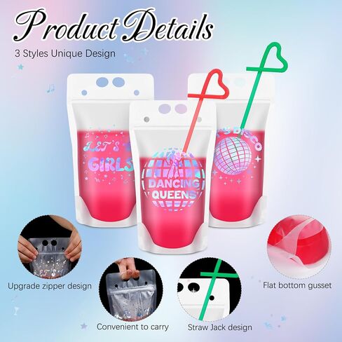 30 Pcs Disco Party Drink Pouches with Straws Bachelorette Party Drink Bags 70s Party Reusable Plastic Juice Pouches Reclosable Zipper Smoothie Pouches for Dance Disco Party Supplies in Saudi Arabia