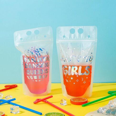 30 Pcs Disco Party Drink Pouches with Straws Bachelorette Party Drink Bags 70s Party Reusable Plastic Juice Pouches Reclosable Zipper Smoothie Pouches for Dance Disco Party Supplies in Saudi Arabia