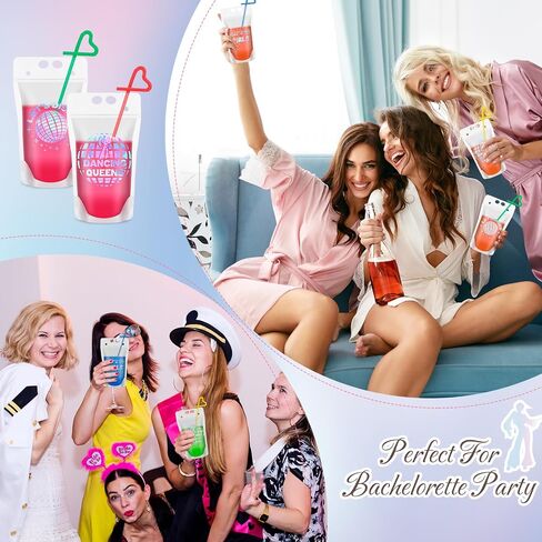 30 Pcs Disco Party Drink Pouches with Straws Bachelorette Party Drink Bags 70s Party Reusable Plastic Juice Pouches Reclosable Zipper Smoothie Pouches for Dance Disco Party Supplies in Saudi Arabia