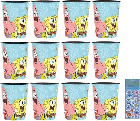 Unique Spongebob Squarepants Birthday Party Supplies Bundle Pack includes 12 Plastic Reusable Cups and 1 Dinosaur Sticker Sheet in Saudi Arabia