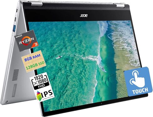 acer 2023 Newest Spin 514 2-in-1 Convertible Chromebook,AMD Ryzen 3 3250C (Up to 3.5GHz),14/'' FHD IPS Touchscreen,8GB RAM,128GB eMMC,WiFi,Backlit Keyboard,12+ Hours,Chrome OS,Silver (Renewed) in Saudi Arabia