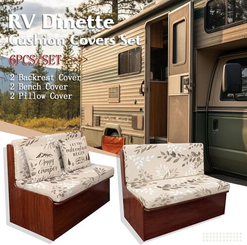 Tiamon Rv Dinette Cushion Covers Set - 6 Pcs Beige Floral Camping Theme Cushion Slipcovers for Camper Car Bench Seat Replacement 2 Pillowcase, 2 Backrest, 2 Bench Cover, Easy Fit Stretchy Washable in Saudi Arabia
