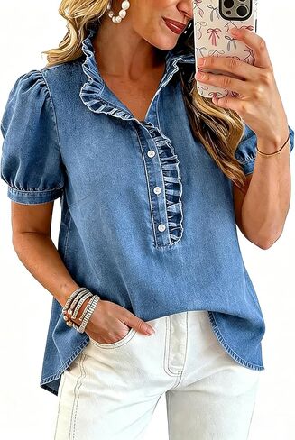 utcoco Denim Shirt Women Y2k Ruffle Denim Top Button Down Jean Shirt 2026 Summer Puff Short Sleeve Blouse in Saudi Arabia