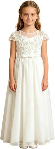 Abaowedding Elegant Girls White Flower Girl Dress, Lace Chiffon A-line First Communion Dress with Cap Sleeves in Saudi Arabia