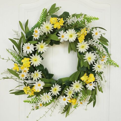 Yellow Spring Summer Wreaths for Front Door, 20 Inch Artificial Floral Wreath with Cosmos Daisy, Flower Tropical Wreaths for Porch Wall Window Decor, Farmhouse Wreath for Home Decorations in Saudi Arabia