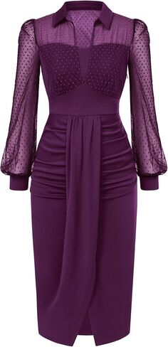 Belle Poque Womens Vintage Dress Mesh Long Sleeve Dress Ruched Dress for Work in Saudi Arabia