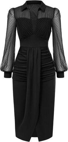 Belle Poque Womens Vintage Dress Mesh Long Sleeve Dress Ruched Dress for Work in Kuwait