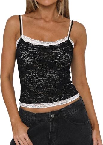 QINSEN Women's Double Layer Lace Camisole Tank Scoop Neck Summer Y2k Going Out Trendy Cami Shirt in Saudi Arabia