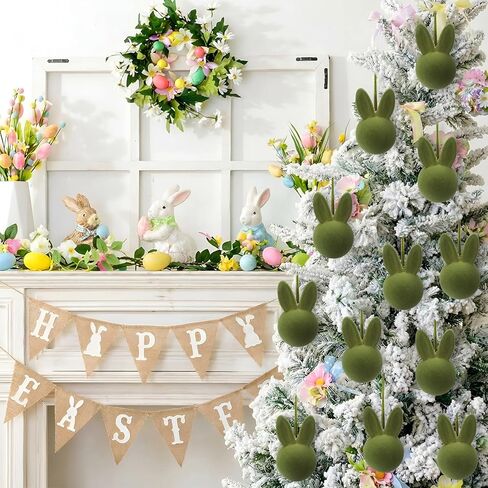 12 Pcs Easter Bunny Hangings, Pastel Flocked Easter Rabbit Ornaments, Decorative Spring Tree Ornaments Decoration for Home Office Party Gifts in Saudi Arabia