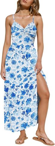 IHOT Women's Summer Floral Maxi Dress Spaghetti Strap V Neck Twist Front Slit Flowy A Line Sundress Casual Vacation Dresses in Saudi Arabia