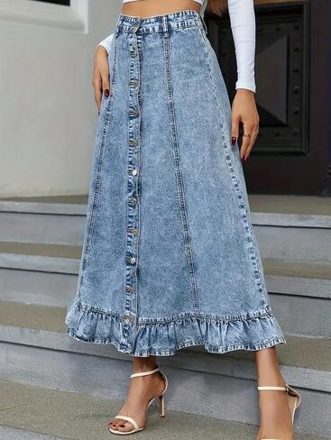 Women's High Waisted Denim Midi Skirt - Button Down Ruffle Hem Jean Skirt with Wash for Casual Summer Wear in Saudi Arabia