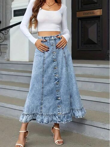 Women's High Waisted Denim Midi Skirt - Button Down Ruffle Hem Jean Skirt with Wash for Casual Summer Wear in Saudi Arabia