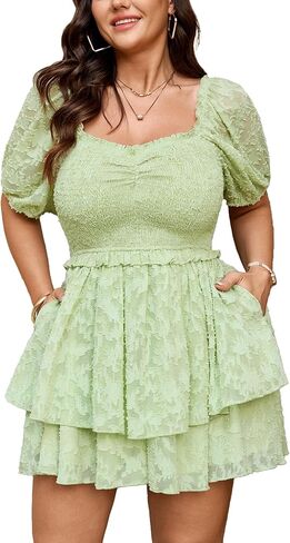 SCOMCHIC Plus Size Romper Dress Sweetheart Neckline Smocked Short Jumpsuit Playsuits with Pockets in Saudi Arabia