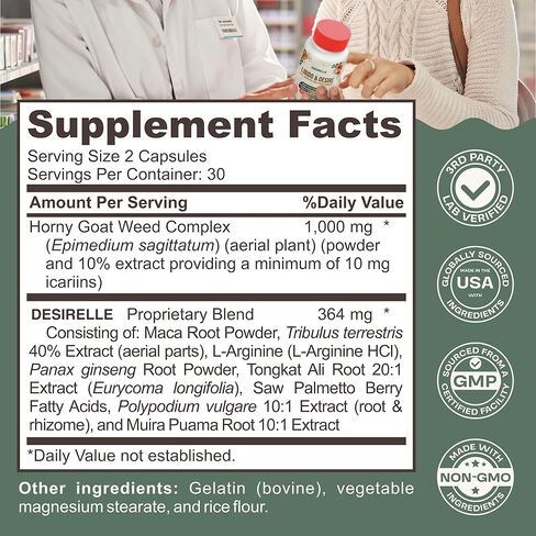 Female Libido Booster for Women Fast Acting with Tribulus Terrestris - Hornygoatweed for Women, Mood Support Supplement Enhancer Pills with Maca Root, Ginseng for Hormonal Balance - 60ct Desirelle in Saudi Arabia