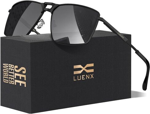 نظارة شمسية LUENX Square Aviator Polarized للرجال بظلال مستطيلة كلاسيكية مع مفصلات زنبركية - حماية من الأشعة فوق البنفسجية 400 in Saudi Arabia