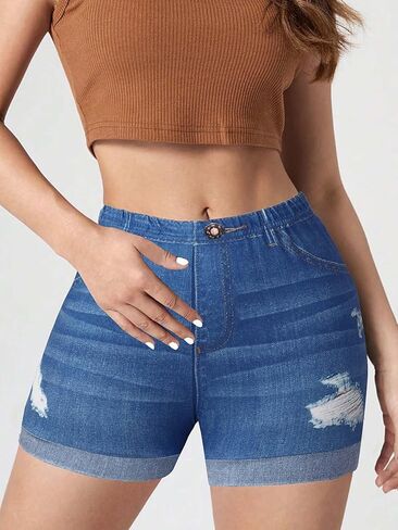 Women's Summer Fashion Fake Denim Print Shorts Casual Sports Holiday Mini Shorts in Saudi Arabia