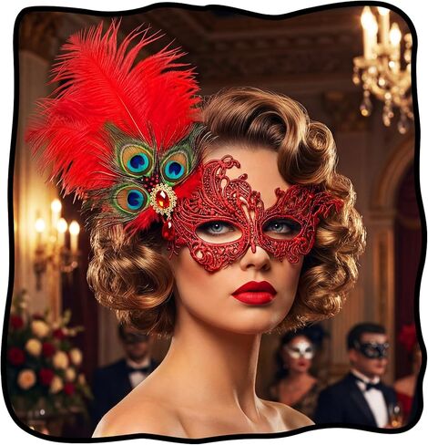 Lace Masquerade Mask for Women, Feather Venetian Ball Party Antifaz, Classic Accessories for costume in Saudi Arabia