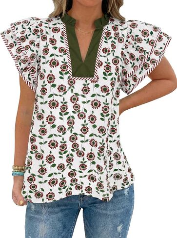 Tankaneo Womens Ruffle Sleeve Floral Blouses Summer Dressy Casual V Neck Tops Loose Fit Pleated Flowy Shirts in Saudi Arabia