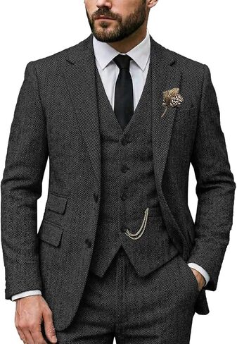 Men Suit Classic Regular Fit 3 Piece Tweed Herringbone Wool Jacket Tuxedos Wedding Grooms Blazer+Vest+Pants in Saudi Arabia