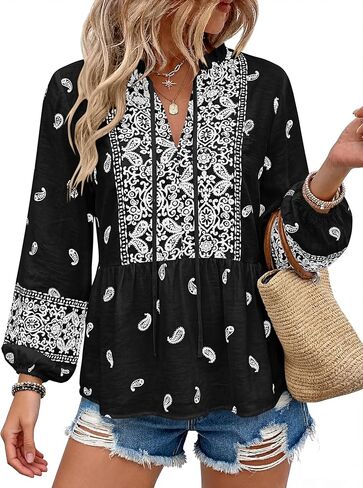 MASCOMODA Women Boho Babydoll Tops Spring Summer Casual V Neck Peplum Long Sleeve Blouses Flowy Shirts Beach Vacation Clothes(Black White Flower,Large) in Saudi Arabia