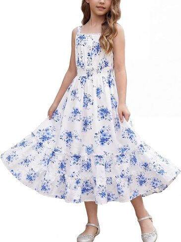 GRACE KARIN Girls Summer Floral Dress Kids Long Spring Easter Dresses Teens Button Front Straps Flower Hawaiian Sundress 7-14 in Saudi Arabia