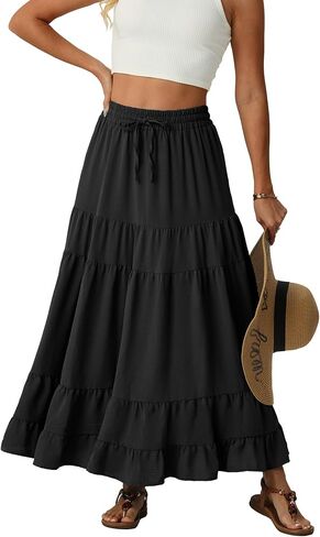 IWOLLENCE Women's Flowy Boho Elastic High Waist Maxi Skirt Floral A-Line Tiered Long Skirts for Women with Pockets in Saudi Arabia