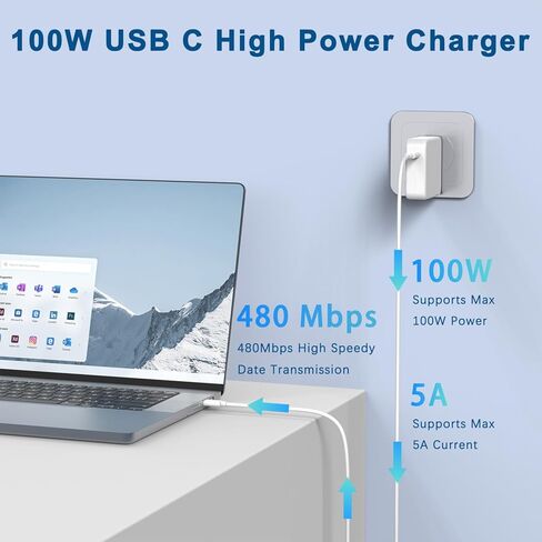شاحن Mac Book Pro/Air بقدرة 106 واط، ومحول طاقة USB C سريع لشاحن Mac متوافق مع MacBook Pro وMacBook Air وiPad Pro الجديد وجميع أجهزة USB C، وكابل شحن USB-C إلى C بطول 7.2 قدم in Kuwait