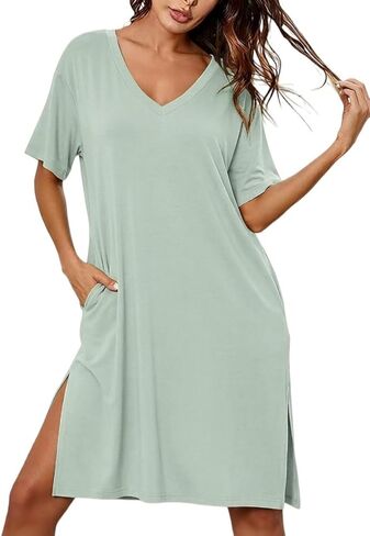 Ekouaer Women Plus Size Nightgown Bamboo Viscose Sleep Shirt Short Sleeve Nightshirt Oversized tshirt Nightdress with Pockets in Saudi Arabia