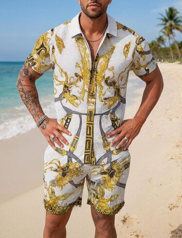 Men's Summer Tracksuit Casual Button Down Hippie T-Shirts Shorts Sets Fashion Beach Track Suit in Saudi Arabia