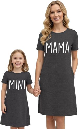 فساتين Mommy and Me فستان متطابق للأم والابنة مع جيوب فستان ماما قصير الأكمام بأكمام قصيرة in Kuwait