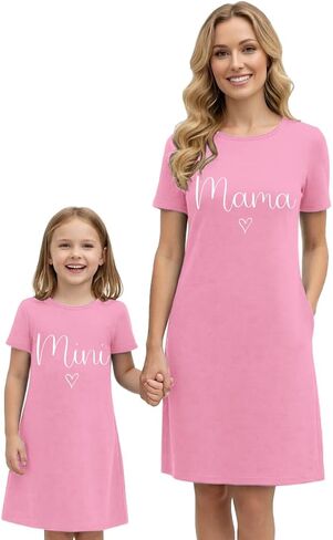 فساتين Mommy and Me فستان متطابق للأم والابنة مع جيوب فستان ماما قصير الأكمام بأكمام قصيرة in Kuwait