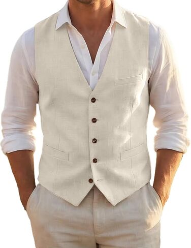 Men Linen Vest Casual Suit Vests Regular Fit Beach Wedding Waistcoat For Mens Groomsmen Party Dress Vest in Saudi Arabia