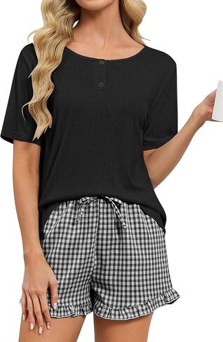 Blooming Jelly Womens Pajama Sets Ruffle Short Sleeve Pj Sets Plaid 2 Piece Pjs Lounge Set 2026 with Pockets in Saudi Arabia